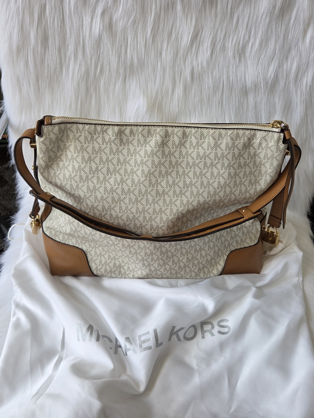Michael Kors Cream Canvas Hobo with Tan Leather Trim